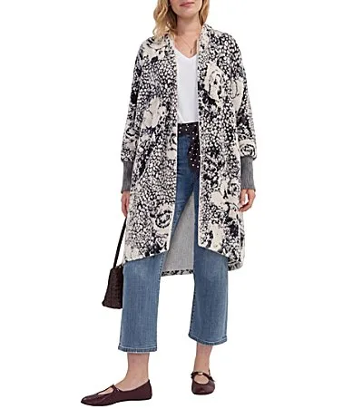 Floral Fuzzy Jacquard Shawl Collar Long Sleeve Open Front Cardigan by Liverpool Los Angeles