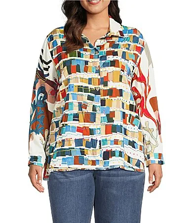Multi Color Abstract Wire Collar Long Roll-Tab Sleeve Button Front Shirt by John Mark