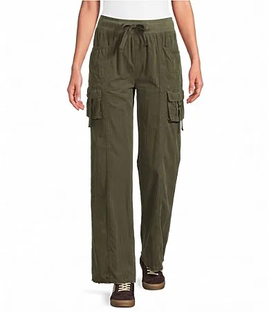 Woven Corduroy Wide Leg Elastic Waistband Cargo Pants by Ali Miles