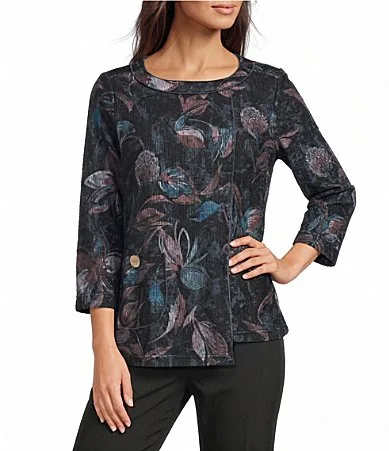 Knit Floral Multi Print Round Neck 3/4 Sleeve Top by Ali Miles