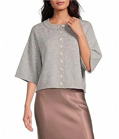 Romane Round Neck Short Sleeve Button-Down Sweater Knit Top by Aren