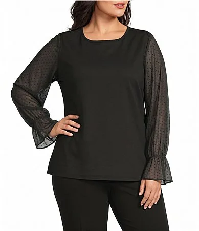 Long Mesh Dot Sleeve Crew Neck Ponte Top by Investments