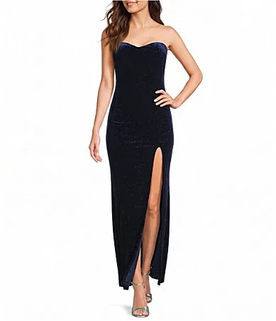 Glitter Velvet Strapless Sweetheart Neck Front Slit Dress by Pear Culture