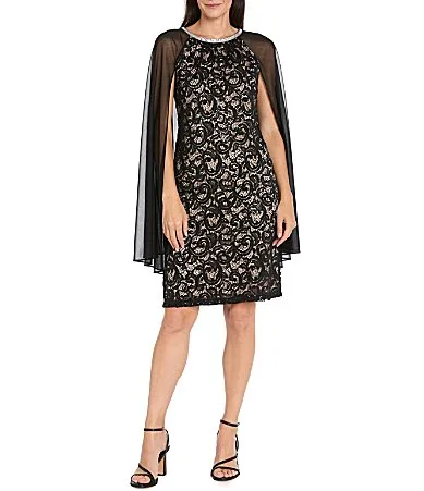 Rhinestone Neck Detail Sequin Lace Matte Jersey Chiffon Caplet Dress by R&M Richards