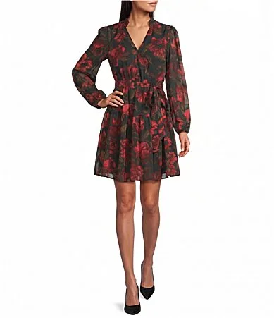 Leslie Fay Floral Print Long Sleeve Surplice Neck Dress by Fay