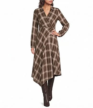Plaid V-Bias Cut V-Neck Long Sleeve Asymmetric Hem Midi Dress by City Blues