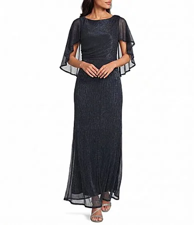 Caplet Metallic Pleated a Line Long Dress by Oleg Cassini