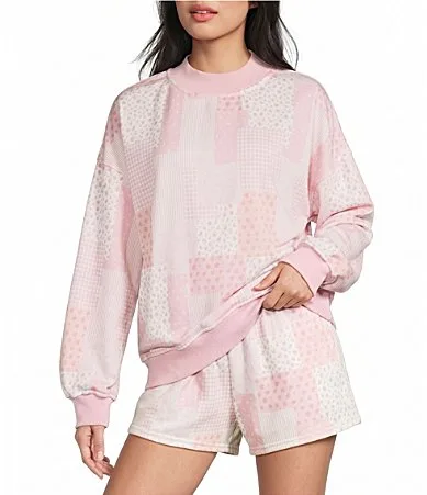 Patchwork Print Mock Neck Long Sleeve Coordinating Sweatshirt by Le Lis