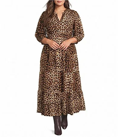 Knit Animal Print V-Neck Long Sleeve A-Line Midi Dress by Calessa