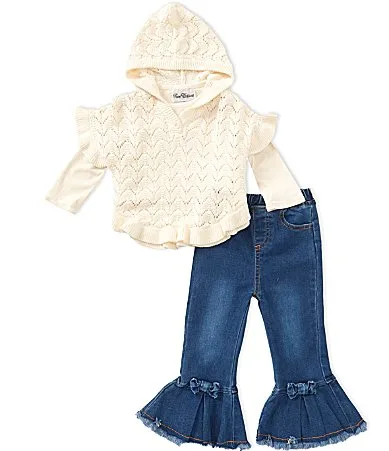 Long-Sleeve Patterned-Knit Hooded Poncho & Bow-Accented Denim Jeans Set by Rare Editions