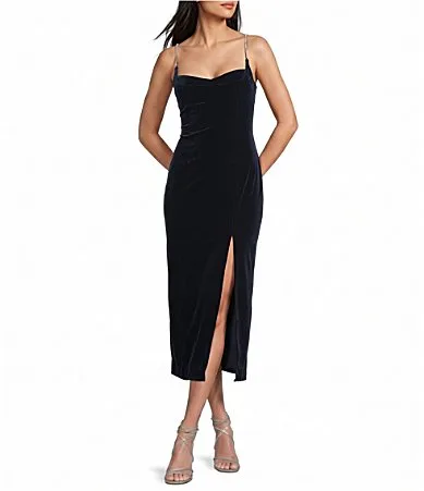 Velvet Sweetheart Neck Rhinestone Strap Side Slit Midi Dress by Honey and Rosie