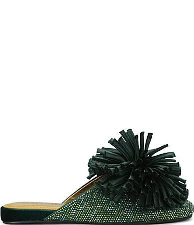 London Pom Velvet Crystal Embellished Ornament Flat Mules by Kurt Geiger
