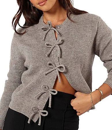 Wilde Bow Front Crew Neck Long Sleeve Sweater Knit Cardigan by Petal & Pup