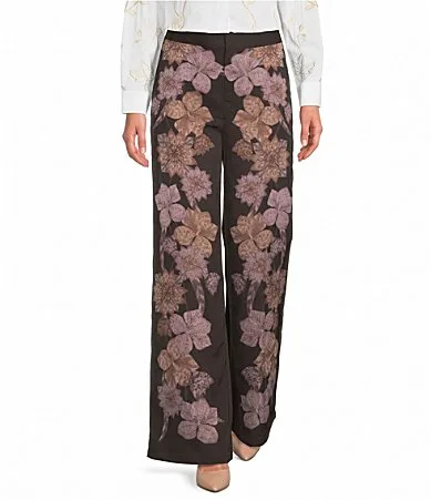 Jacquard Floral Mosaic Print Flat Front Wide Leg Suit Pants by Karl Lagerfeld
