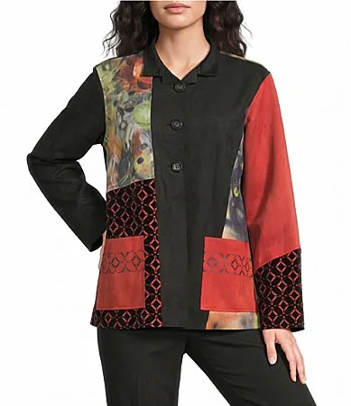 Knit Faux Suede Abstract Print Stand Collar Long Sleeve Jacket by Ali Miles
