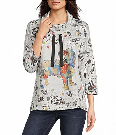 Knit Abstract Dog Cowl Neck Drawstring Long Sleeve Pullover by Ali Miles