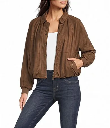 Faux Suede Point Collar Long Dolman Sleeve Zip Front Snap Flap Bomber Jacket by City Blues
