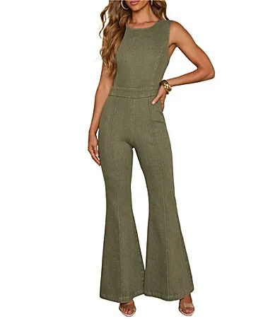 Crew Neck Sleeveless Front Seam Denim Flared Jumpsuit by Vici Collection