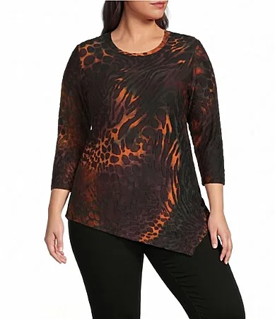 Knit Animal Print Burnout Round Neck 3/4 Sleeve Top by Calessa