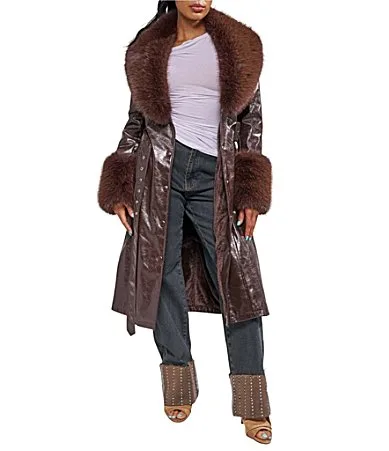 Kaya Faux Leather Shawl Collar Faux Fur Trim Belted Trench Coat by Azalea Wang