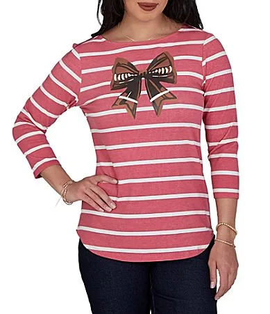 Knit Stripe Football Bow Boat Neck 34 Sleeve Tee by Ruby Rd
