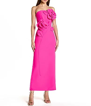 Mac Duggal Crepe Strapless Midi Dress with 3D Flower Detail by M.A.C.