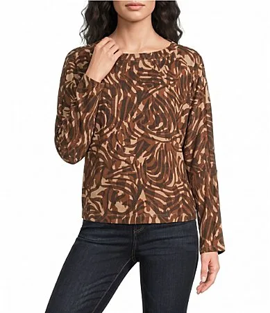 Knit Multi Print Boat Neck Bat Wing Long Sleeve Top by Democracy
