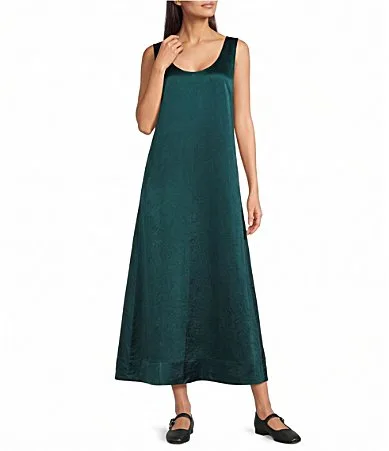 Textured Satin Scoop Neck Sleeveless Shift Dress by Eileen Fisher