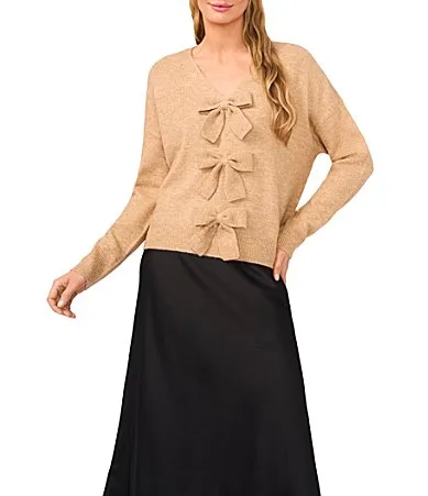 Long Sleeve V-Neck Bow Front Pullover Sweater by CeCe