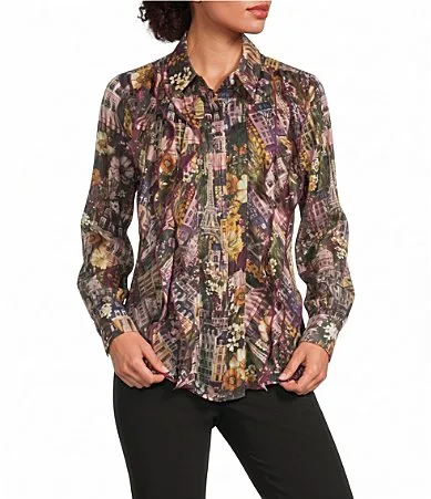 Woven Printed Shadow Stripe with Lurex Point Collar Long Sleeve Blouse by Karl Lagerfeld