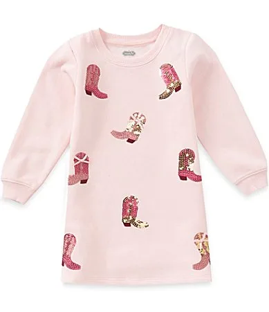 Long Sleeve Brushed French Terry Sequin Cowboy Boot Sweatshirt Dress by Mud Pie