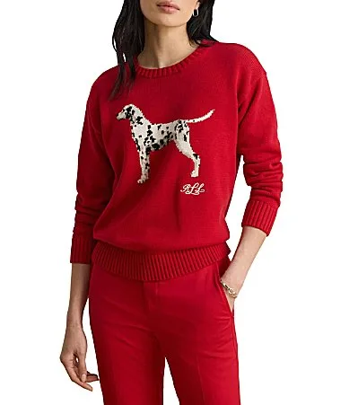 Lauren Ralph Lauren Intersia-Knit Dalmatian Crew Neck Long Sleeve Sweater Top by Ralph Lauren