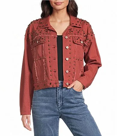 Denim Stud Point Collar Long Sleeve Button Front Jacket by John Mark