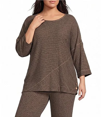 Coordinating Knit Tan Dye Stripe Round Neck Long Sleeve Top by Ali Miles