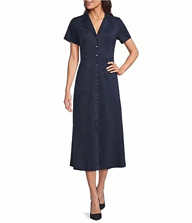 Faux Suede Point Collar Short Sleeve Button Front Dress by Vince Camuto