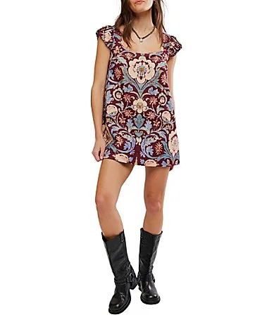 Hopeless Romantic Floral Printed Square Neck Cap Sleeve Babydoll Mini Dress