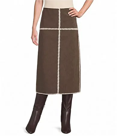 Haleigh Faux Suede Stitched Coordinating Midi Skirt by Aren