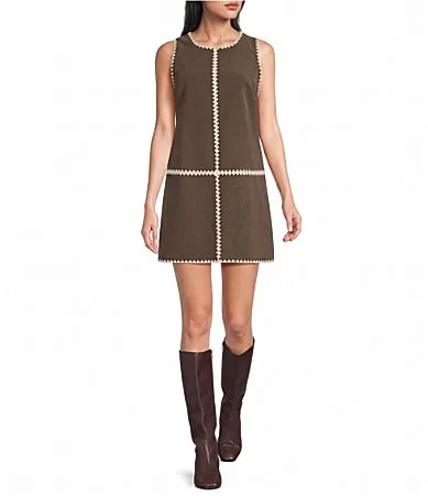 Haleigh Faux Suede Stitched Round Neck Sleeveless Mini Shift Dress by Aren