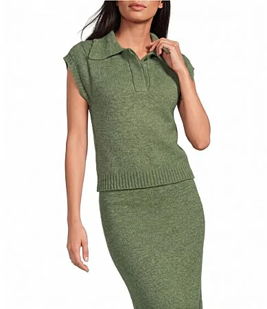 Charlene Collared Neck One Button Short Sleeve Coordinating Sweater Knit Top by Aren