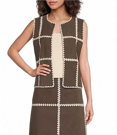 Haleigh Faux Suede Stitched Round Neck Sleeveless Open Front Coordinating Vest Top by Aren