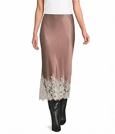 Celeste Satin Lace Hem Midi Slip Skirt by Aren