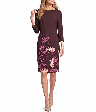 Scuba Crepe Floral Print 34 Sleeve Ballet Neck Sheath Dress