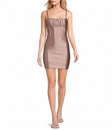 Glitter Satin Ruched Square Neck Corseted Bodice Lace Up Tie Back Dress by Pear Culture