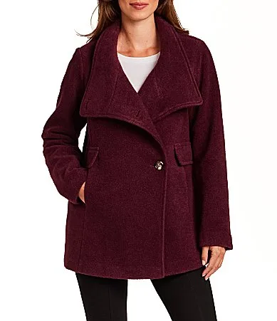 Wool Blend Wing Collar Water Resistant Asymmetrical Button Front Peacoat by Gallery