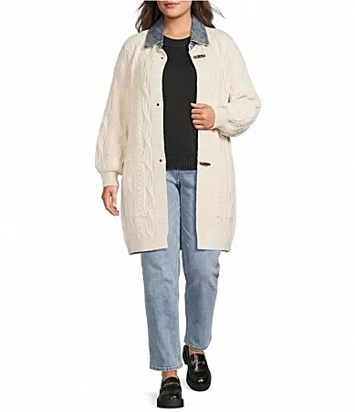 Cable Knit Denim Collar Long Sleeve Front Clasp Cardigan by City Blues