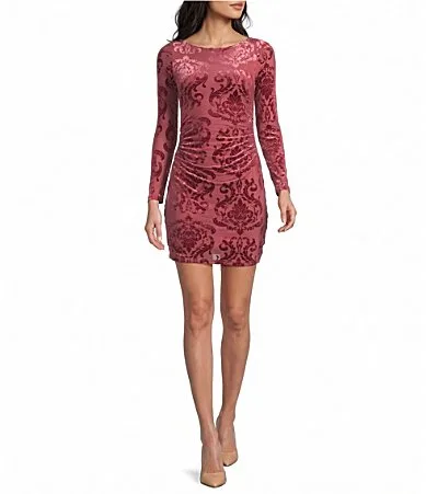 Flocked Velvet Burnout Floral Printed Long Sleeve Mini Dress by Jump