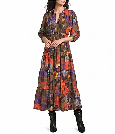 Woven Mixed Floral V-Neck Long Sleeve A-Line Maxi Dress by Calessa