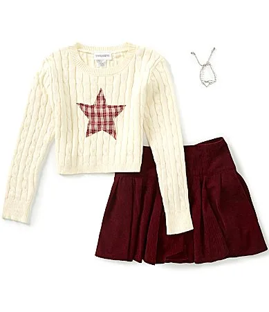 Long Sleeve Star Appliqued Cable Knit Sweater & Coordinating Skort Set by Tween Diva