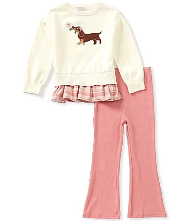 Long Sleeve Dog Motif Two-Fer Sweater & Rib-Knit Leggings Set by Rare Editions