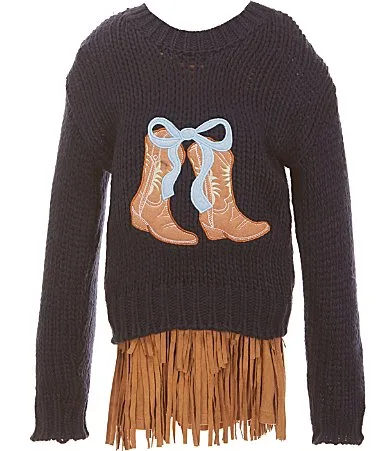 Long Sleeve Cowboy Boot Sweater Fringe Skirted Dress by Rare Editions
